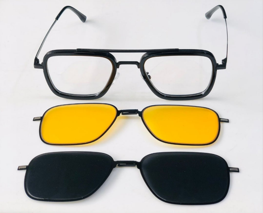 Metal Double Rim - Attachment - Black Polarized - Night Vision - Doble Bridge - 3 in 1 - Silver Black