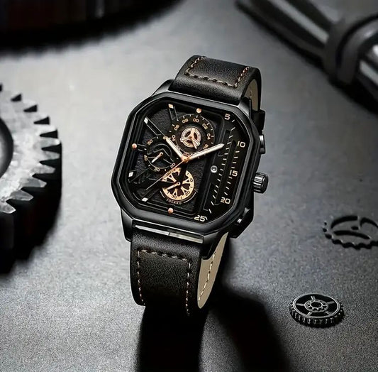 Men's Causl Quartz Watch - Adjustable Date - Black - Square Dial - Leather Straps