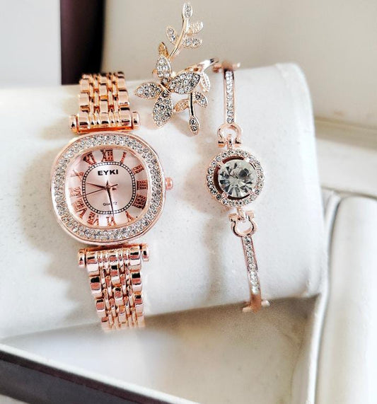 S K - Ladies Watch + Bracelet + Ring - Stainless steel - Watches