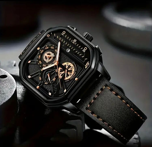Men's Causl Quartz Watch - Adjustable Date - Black - Square Dial - Leather Straps