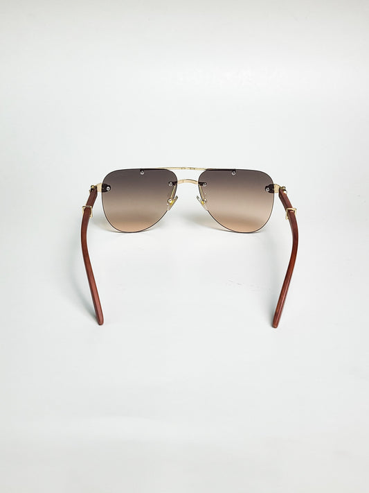 Cartier - 3062 - Brown Gradient - Aviator - Metal - Double Bridge - Wood Texture Stick - Sunglasses