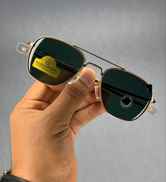 R E - Golden Green - Metal - Double Bridge - Green Glass - Sunglasses