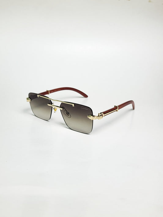 Cartier - 000 - Brown Gradient - Square - Metal - Double Bridge - Wood Texture Stick - Sunglasses