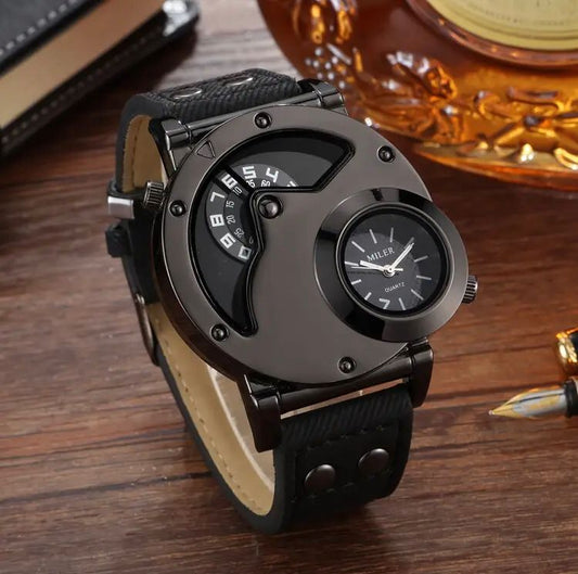 Vintage Dual Time Display Men's Watch with - Denim Strap - Quartz Movement - Round Alloy Case -  Non-Waterproof - Fashionable Large Dial