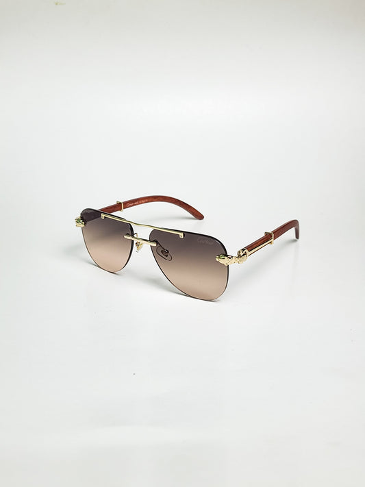 Cartier - 3062 - Brown Gradient - Aviator - Metal - Double Bridge - Wood Texture Stick - Sunglasses
