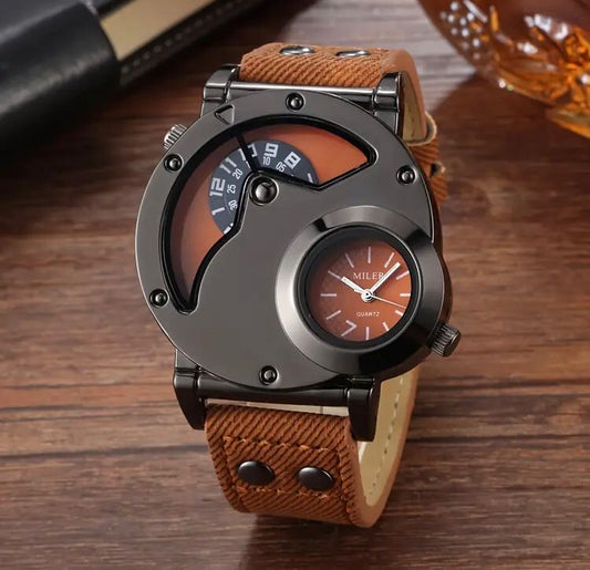 Vintage Dual Time Display Men's Watch with - Denim Strap - Quartz Movement - Round Alloy Case -  Non-Waterproof - Fashionable Large Dial