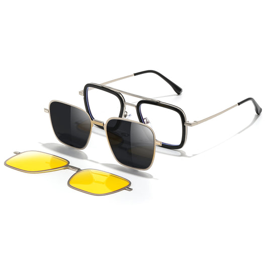 Metal Double Rim - Attachment - Black Polarized - Night Vision - Doble Bridge - 3 in 1 - Silver Black